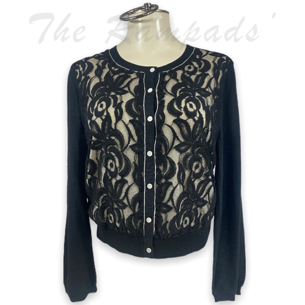 NWOT Donna Karan NY Floral Lace Button Up Banded Waist Cardigan Size Med…
